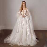 elegant mesh wedding dress sweetheart neck a line skirt detachable puff sleeves lace appliqu%c3%a9 bridal dress