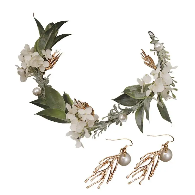 

Bridal Headwear Earrings Set Handmade Floral Wedding Head Band Hair Accessories for Girls Women (White)