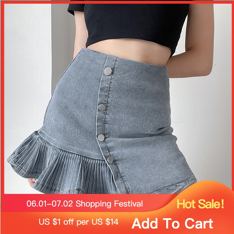 

Y2k Denim Skirt High Waisted Korean Fashion Skirt Pleated Jeans Skirts Button Ruffles Cute Women Streetwear Summer Kawaii Skirt