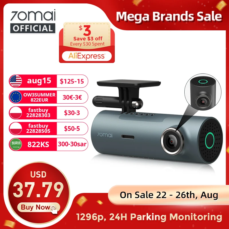 70mai Dash Cam M300 Car DVR 1296P Night Vision 70mai M300 Dash Camera Recorder 24H Parking Mode WIFI & App Control