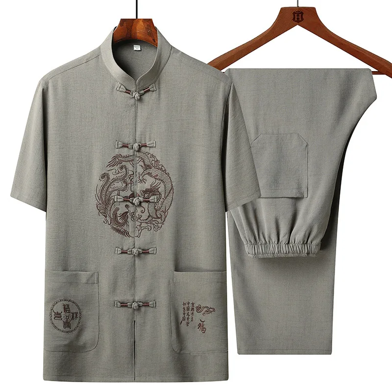 

Мужской костюм Тан с вышивкой дракона в стиле ретро с карманом, классический костюм кунг-фу с воротником-стойкой и пуговицами, традиционная ...