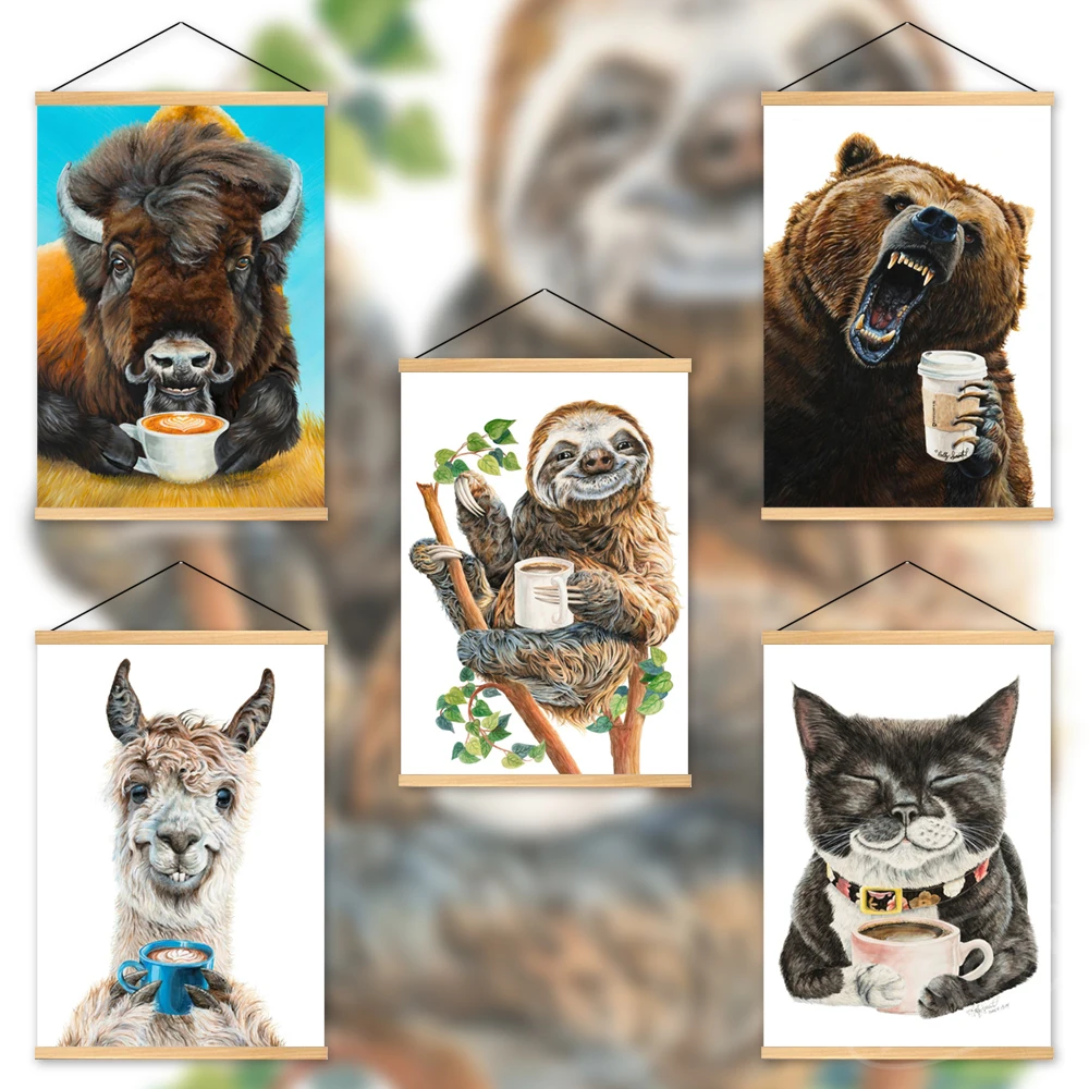 

Canvas Animal Modular Home Decor Prints Cute Cat Pictures Painting Wolf Owl Wooden Hanging Posters Modern Wall Art Living Room