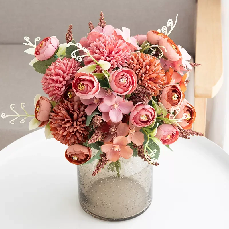 

Retro Artificial Flowers Silk Rose Bouquet Hydrangea Peony Vintage Bride Holding Fake Flower Wedding Home Decoration Accessories