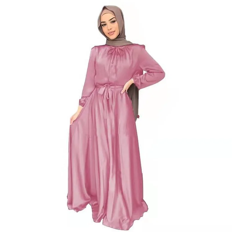 Ramadan Solid Color Maxi Dress Elegant New Soft Satin Robe Ropa De Mujer Envio Gratis Muslim Dubai Abaya Woman  Caftan Marocain
