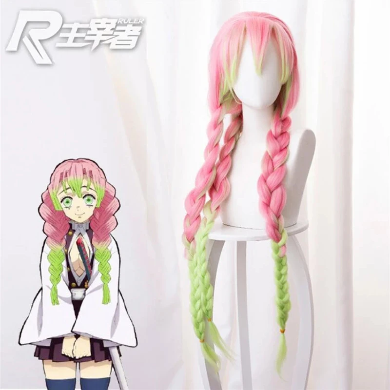 

Женский парик для косплея Kanroji Mitsuri Kimetsu No Yaiba из аниме «рассекающий демонов», зеленые, розовые цветные волосы, косички для волос