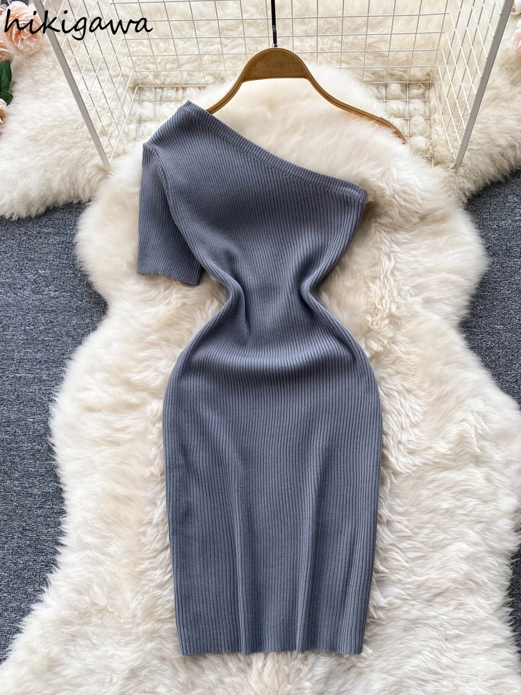 

Hikigawa, шикарное модное облегающее трикотажное платье с открытыми плечами и коротким рукавом для женщин, сексуальное облегающее платье на бе...