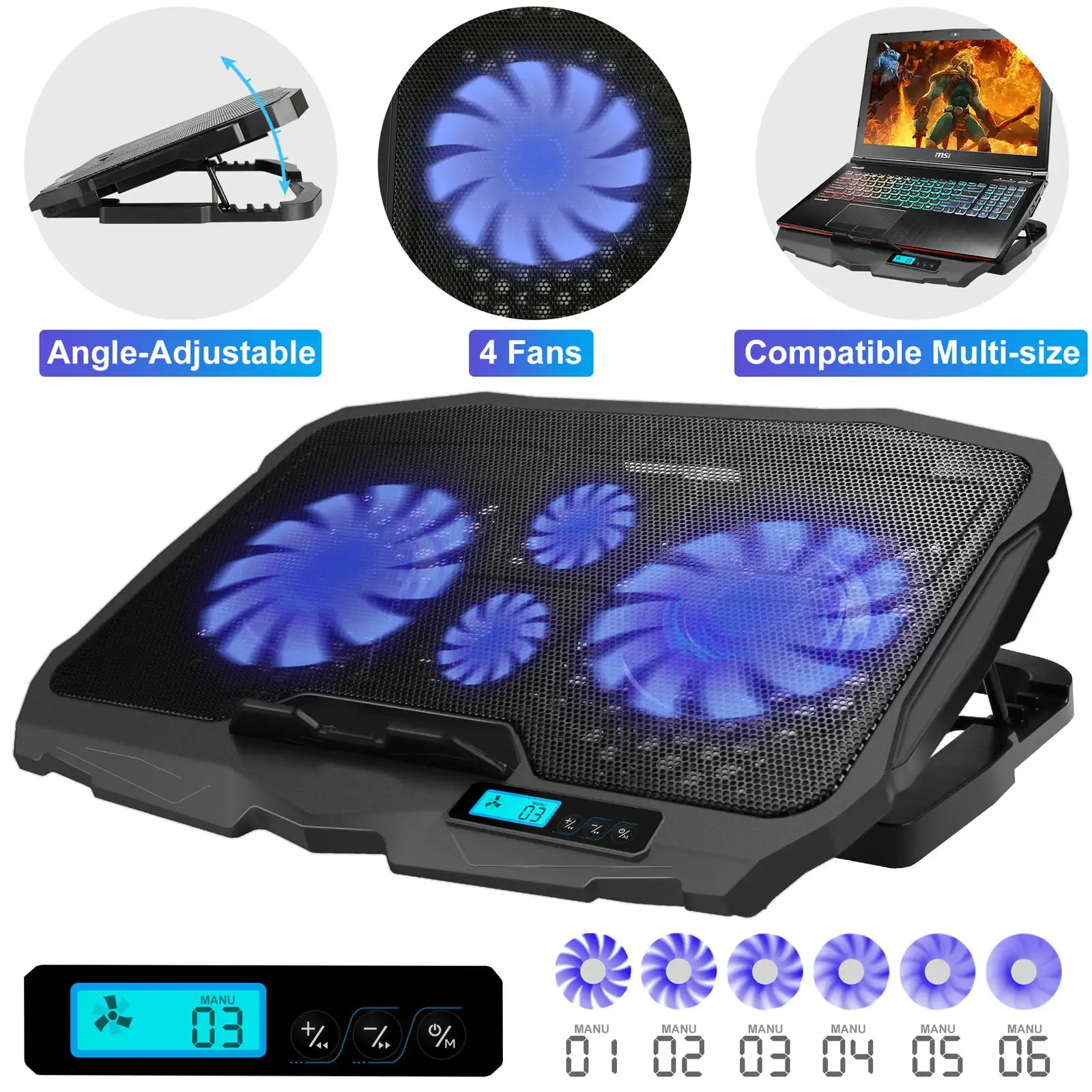 

Laptop Cooling Pad - LED Light Radiator Dual USB with 4 Fans Cooler Stand 5 Speed Adjustable, Compatible up 12'' to 17'' Laptops