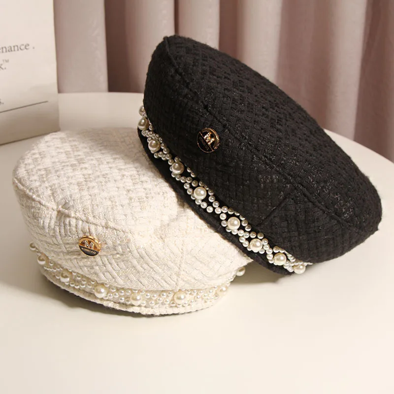 

Дизайнерские качественные модели, Дамский берет с жемчугом на осень и зиму, Женская японская вязаная ярко-красная шапка художника с яркими бриллиантами