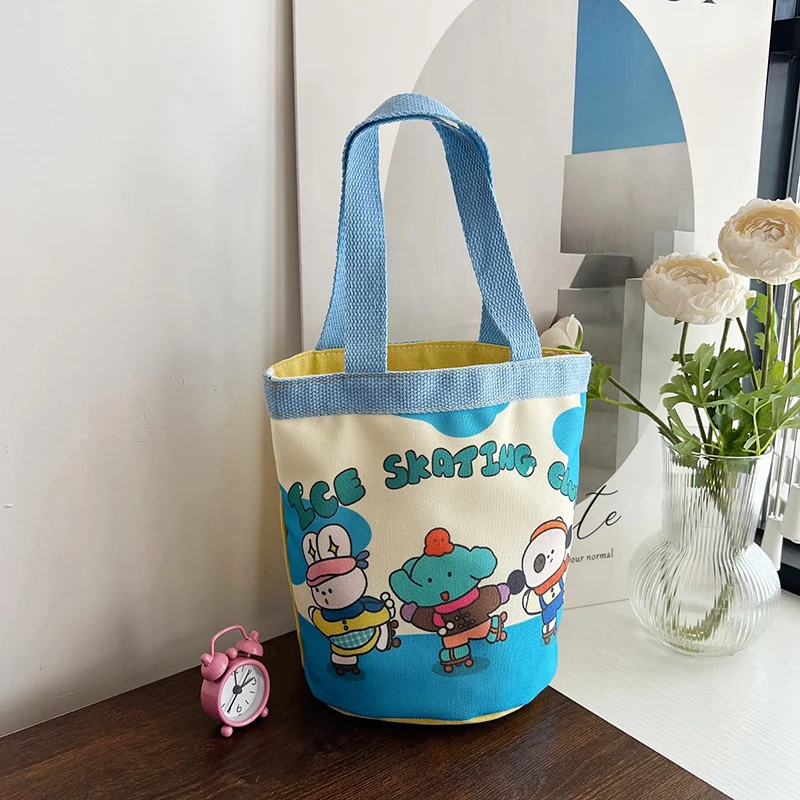 Lovely Printed Hand Canvas Bag Korean Version Girl Bento Bag Folding Design Students Versatile Work Small Cylinder Hand Bag M515