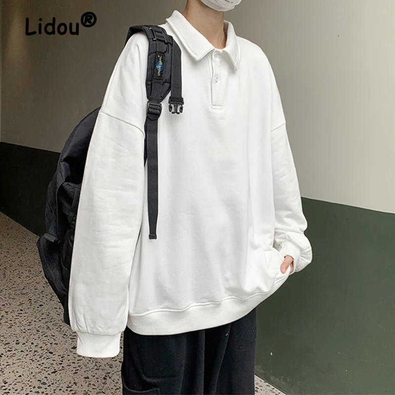 

Fashion Casual Polo Shirt White Loose Solid Color Man Sweatshirts New High Quality Long Sleeve Youth All-match Male Top 2022
