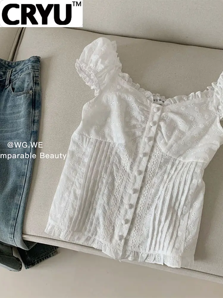 

Women White Hollow Out Design Shirt Pleated Slash Neck Puff Sleeve Blouses Female Slim Ruffle Single Breasted Clothes 2023 New