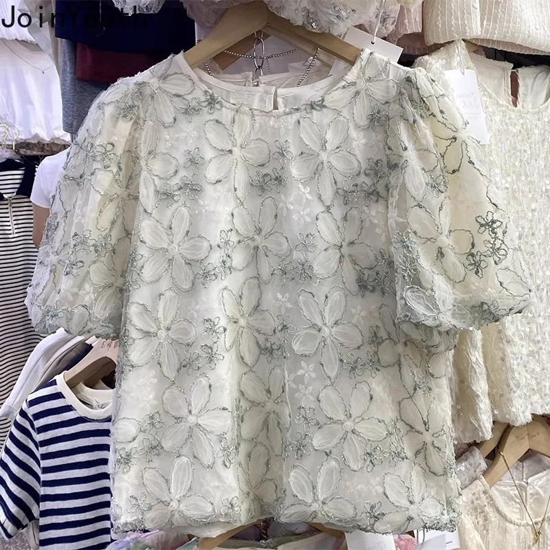 Женская блузка с вышивкой и круглым вырезом свободного покроя