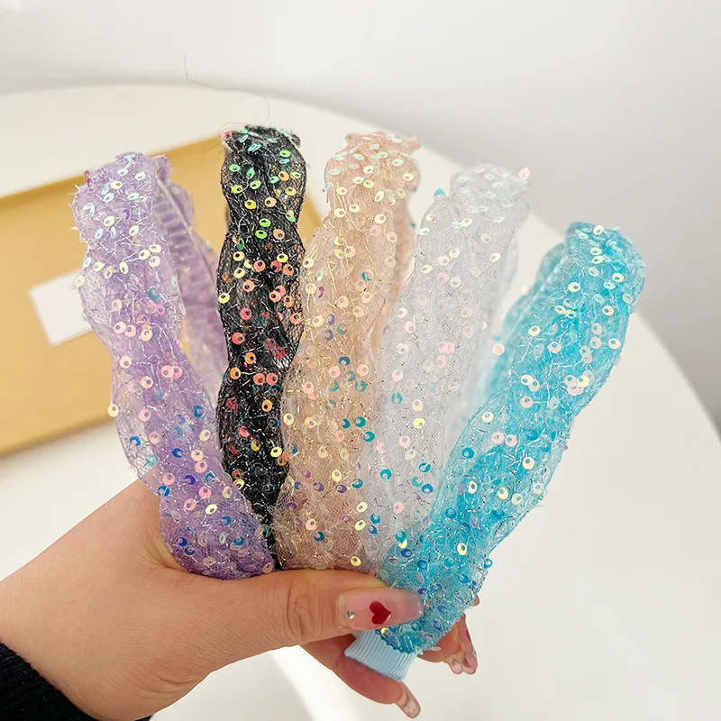 

New Sequin Hair Band Women's Mesh Weaving Hair Ties Sweet Twist Headband Fashion Girl Scrunchies Hoop Hair Accessories