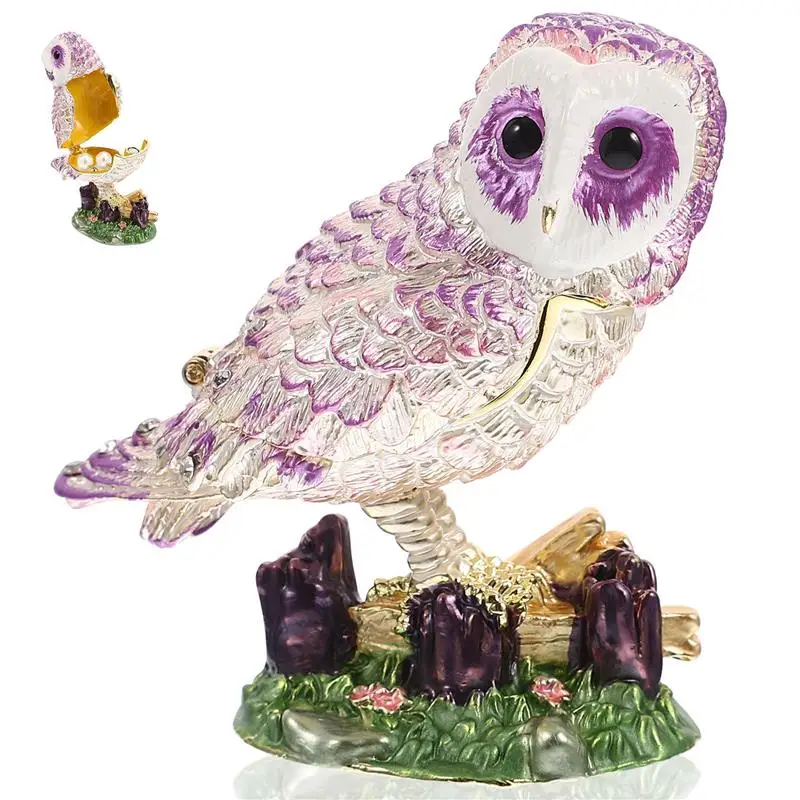

Box Jewelry Trinket Owl Boxes Hinged Ring Case Enameled Figurinewedding Animal Storage Rhinestone Holder Hand Painted Organizer