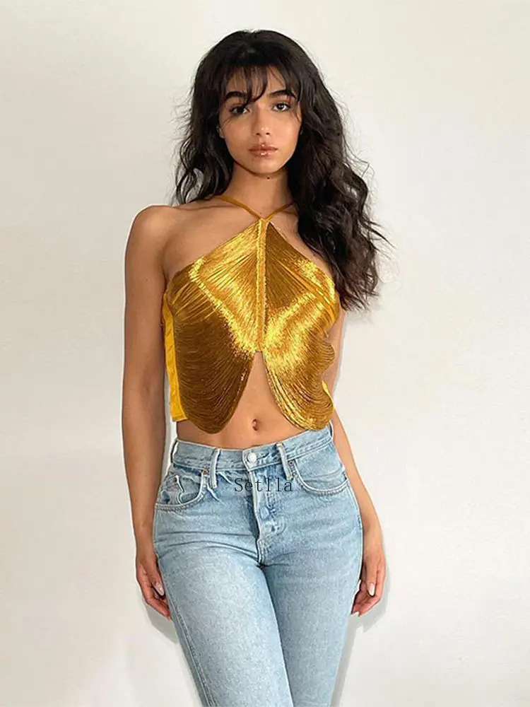 Женский укороченный топ с открытой спиной серебристый/золотистый на бретелях