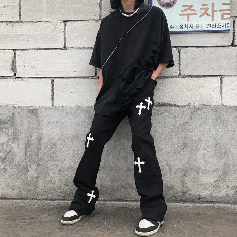 HOUZHOU Gothic Denim Trousers Male Jeans for Men Bell Bottoms Goth Flare Pants Men Jeans Bootcut Slim Fit Hip Hop Streetwear