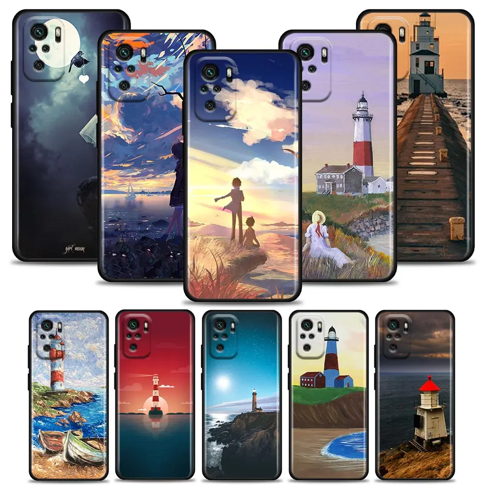 

Phone Case for Redmi 10 9 9A 9C 9i K60 K30 K40 Plus Note 10 11 Pro (India) Case Silicone Cover Cartoon Scenery Girl lighthouse