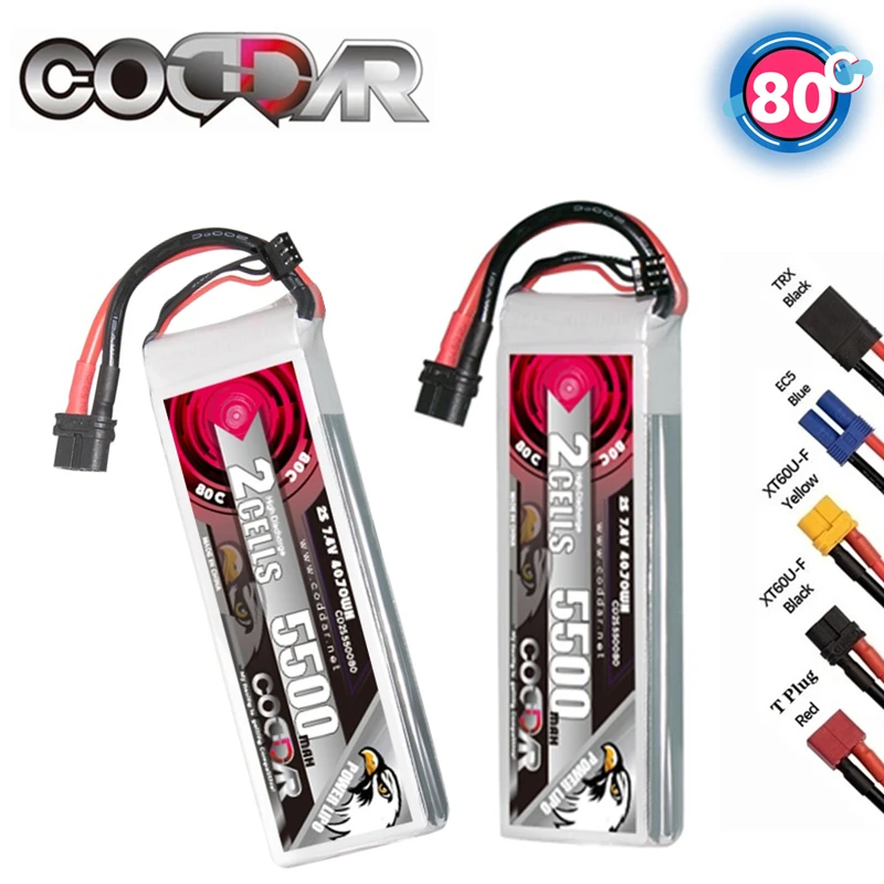 

CODDAR 2S 80C 7.4V 5500mAh Lipo Battery For FPV Quadcopter RC Helicopter Racing Drone Part With XT60 XT90 EC5 Plug Rechargeable