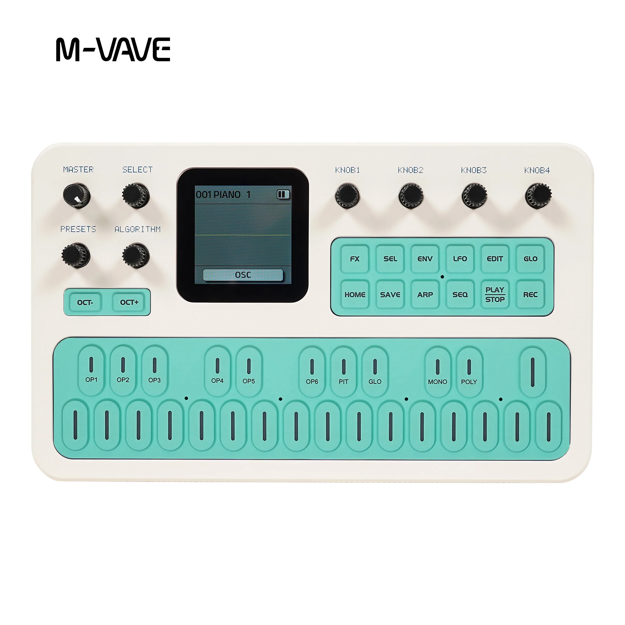 Синтезатор M-VAVE FM-1 бело-зеленого цвета – 128 пресетов, встроенный динамик, 12 часов работы от батареи, Bluetooth MIDI, 6 операторов, 32 алгоритма. (art.: 3920dd39385b3) - 3920dd39385b3