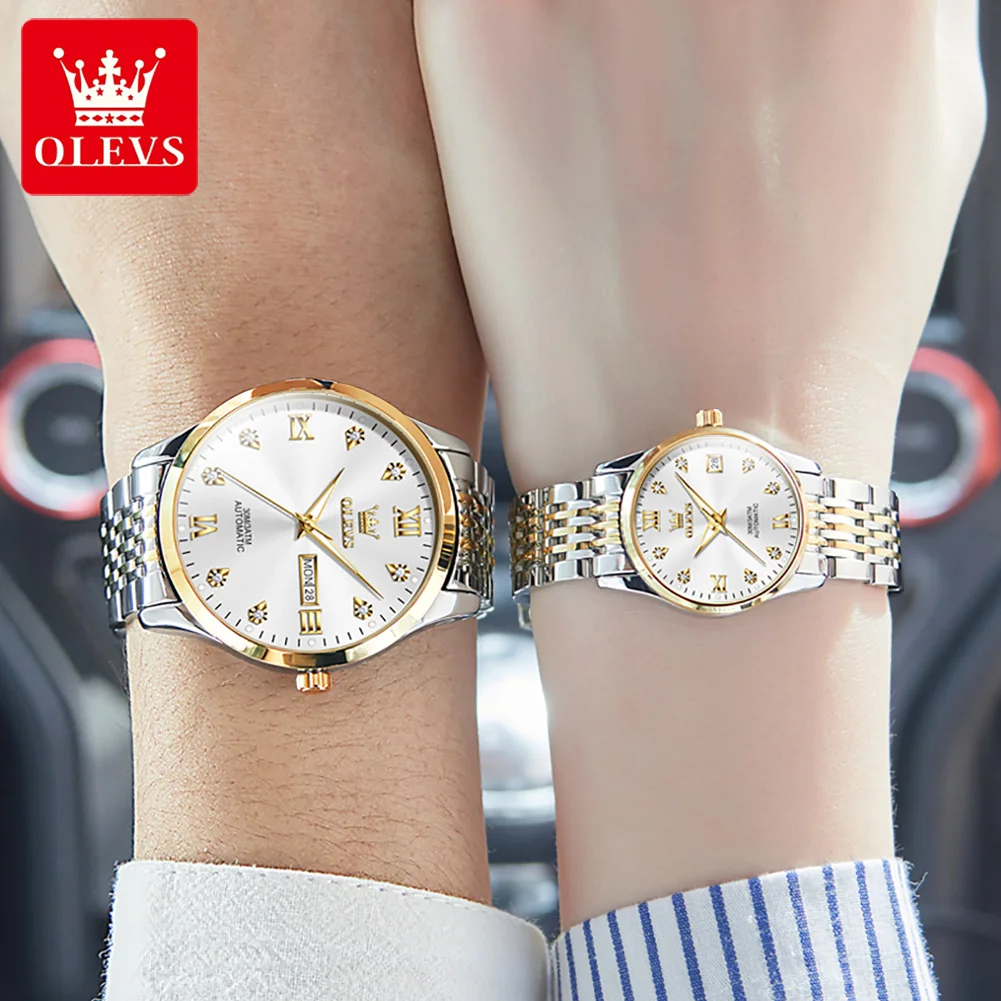 OLEVS 2023 Luxury Automatic Watches Couple Pair Men and Women Mechanical Wristwatch Waterproof Luminous Hands Clock Lover Gift