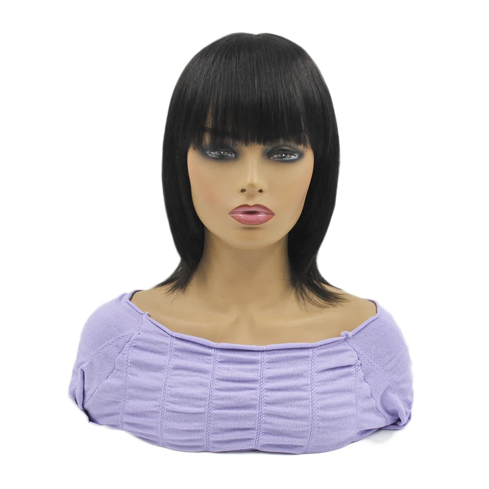 

Парик без шнуровки, короткий, короткий, 10 дюймов, прямой, 150 плотность, бразильские 100 человеческие волосы с челкой, синтетический парик на шн...