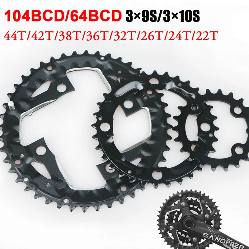104/64BCD MTB Chainring 3*9speed 3*10speed Bicycle Chainwheel 22T 24T 32T 42T 44T Triple Bike Plate Crankset Chain Ring Part on переводится на русский язык следующим образом:104/64BCD MTB Звезда цепи 3*9скоростей 3*10скоростей Велосипедный звездочник 22T 