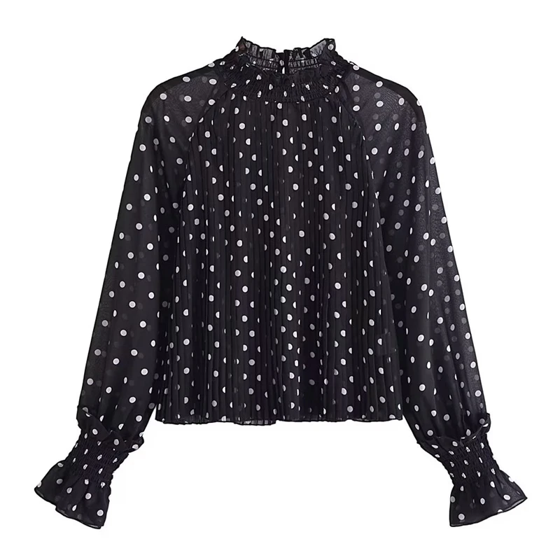 

Women's autumn and winter new fashion sweet polka dot pleated stand collar trumpet sleeve translucent shirt