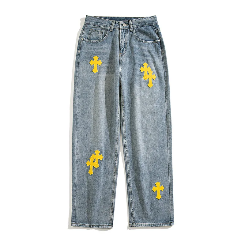 Four Seasons High Street Loose Casual Jeans Men's Street Straight Embroidered Cross Pants Jeans Men's Loose Wide Leg Jeans Men