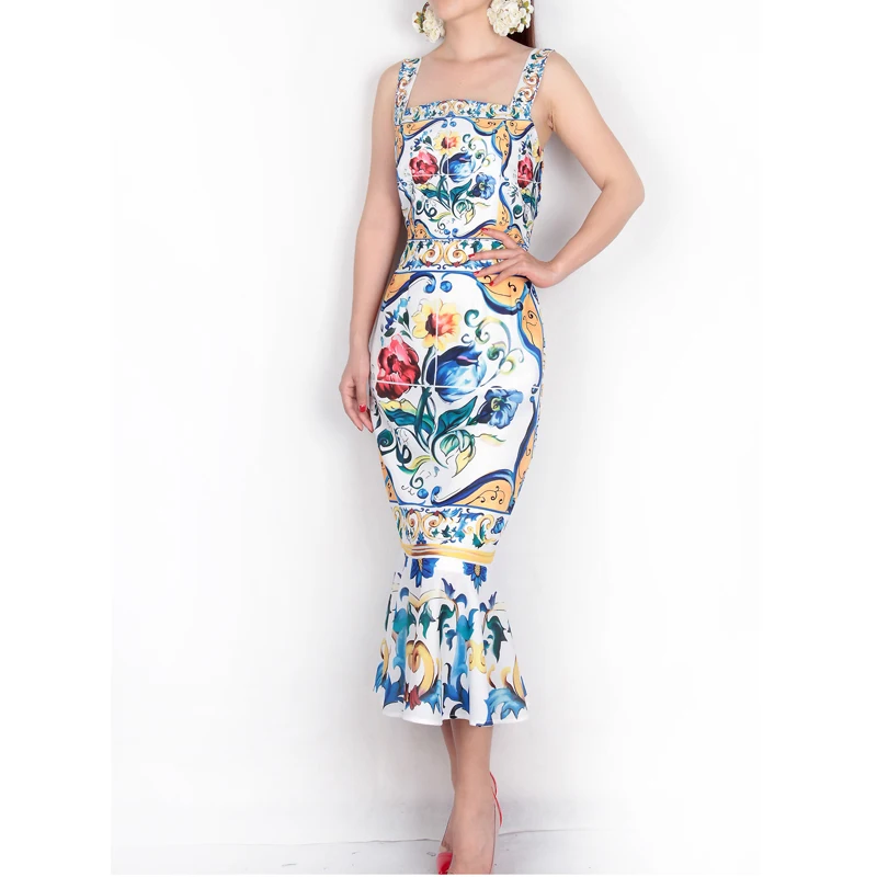 

Dress 2021 Blue and White Porcelain Print Casual Trumpet Sheath Mid-Calf Square Collar New Arrival Dress