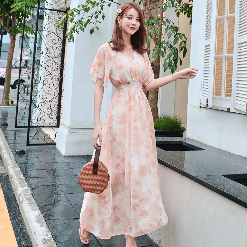 

Fairy Long Floral Chiffon Women Dress Summer 2022 Runway Elegant Vintage Party Dress Boho Tropical Beach Vacation Dress Pink