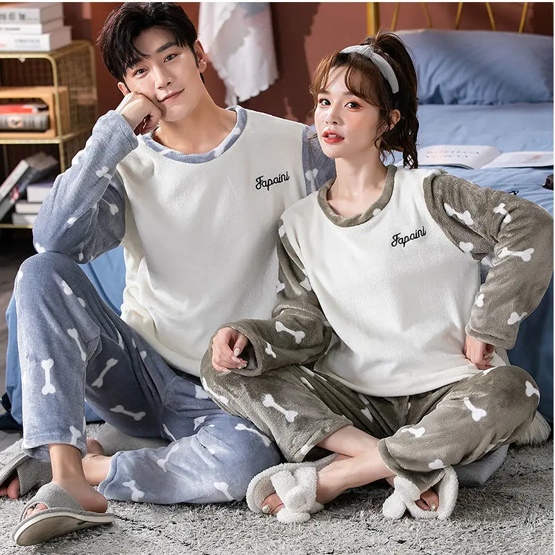 

QWEEK Winter Pajamas for Women Flannel Couples Lounge Wear Letter Embroidery Five-pointed Star Print Pijamas Pyjamas Sleepwear