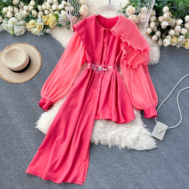 

Women's Tunic European Style Irregular Shirt 2023 New Design Pleated Ruffle Edge Patchwork Large Lapel Women’s Blouse