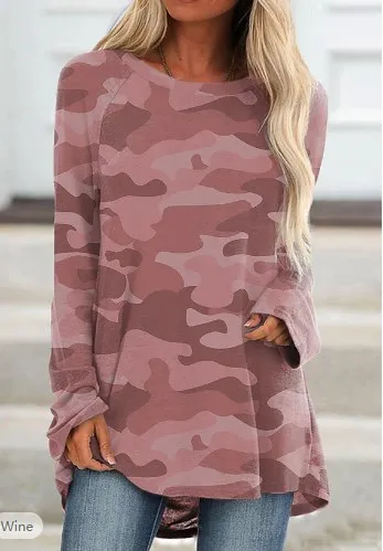 

Women's T shirt Wine Blue Purple Camo Camouflage Print Long Sleeve Daily Weekend Tunic Basic Round Neck Regular Loose Fit S-5XL