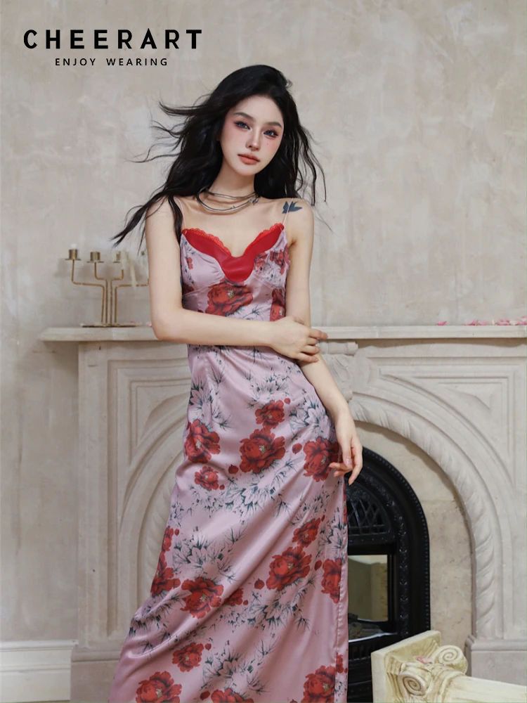 

CHEERART Vintage Red Floral Backless Long Dress For Women 2023 V Neck Designer Tunics Midi Slip Dress Summer Clothes