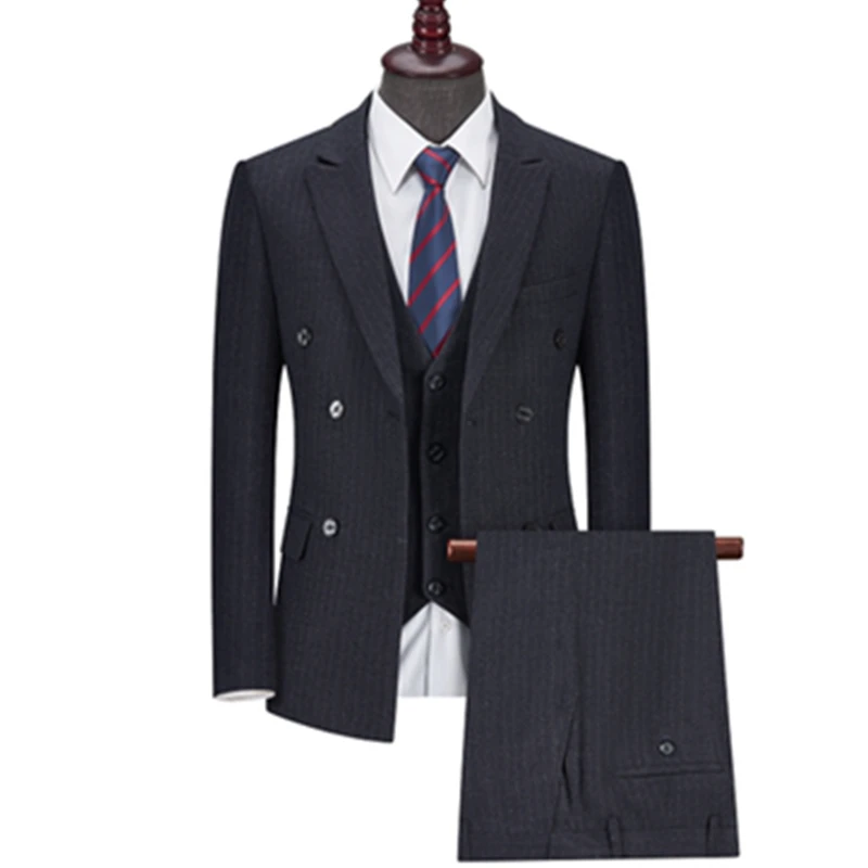 

3 Pcs Set Blazers Jacket Pants / Fashion Men Casual Business Stripe Plaid Groom Wedding Double Breasted Dress Suit Trousers Vest