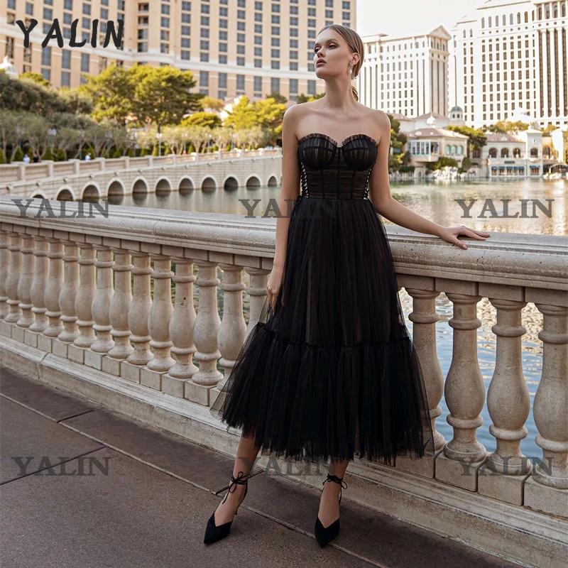 

YALIN Formal Sweetheart Backless Prom Dresses Tea Length Pleats Black Tulle Party Dress Short Baackless Evening Gowns
