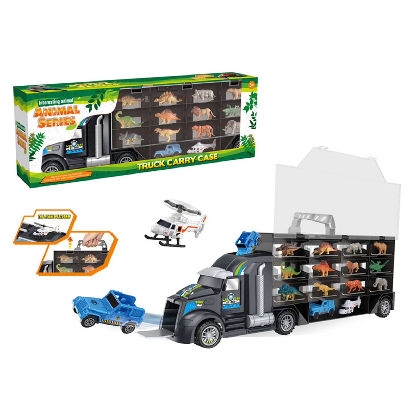 

Dinosaur Transport Truck Sliding Car Carrier Storage Set With Simulation Animal & Vehicle Toy Gift For 3+ Year Old