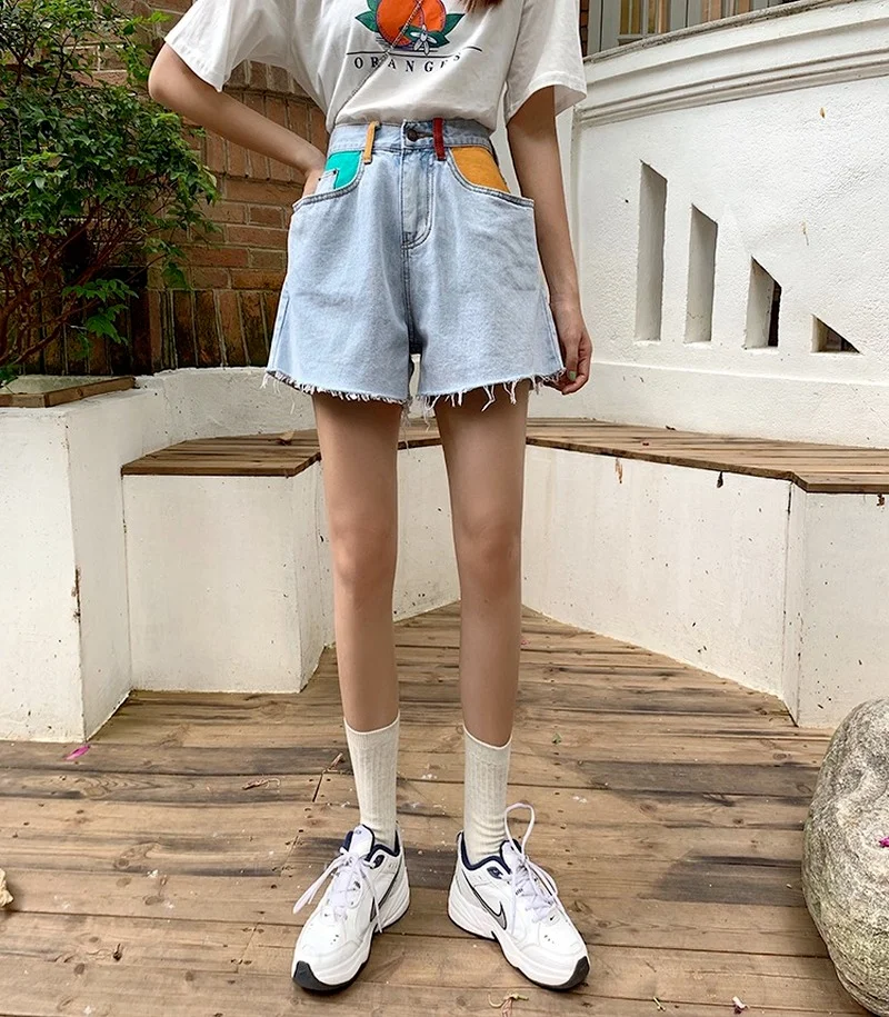 2021 Summer Ladies Color Patchwork Pocket Women Shorts Female College Style High Waist Denim Short Jean Lady Casual Fashion Wear