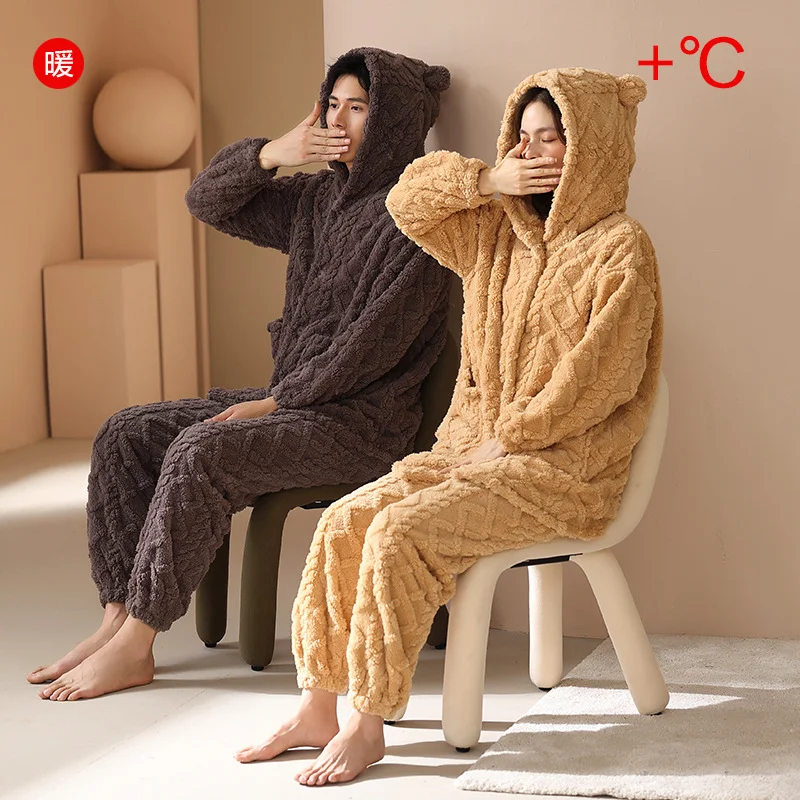 

Women's and Men's Hooded Pajamas Two-piece Winter Plush Coral Velvet Long Sleeve Cardigan Trousers Pijamas Set for Women and Men