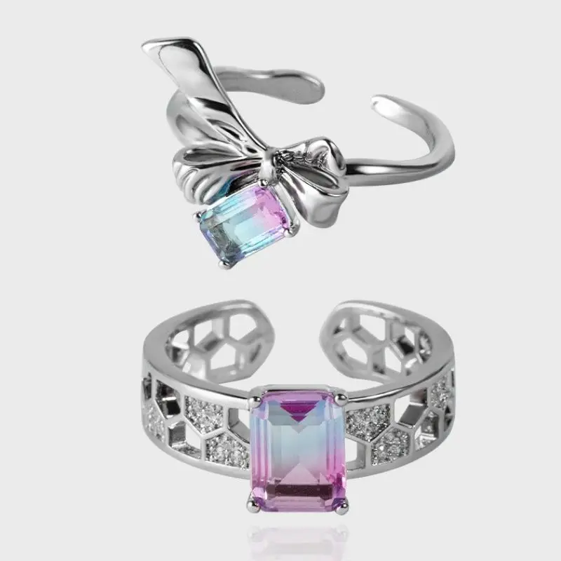 

Blue Purple Crystal Rainbow Gradient Zircon Rings for Women White Fire Opal Rose Cz Engagement Ring Female Wedding Jewelry