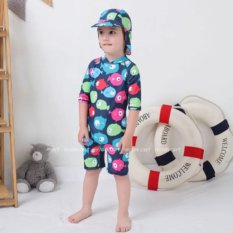 Cartoon Baby Swimwear Boy Swimsuit with Hat One Piece Sunsuit Child Bathing Suit Infant Toddler Kids UPF 50+ Sunscreen Beachwear images - 6