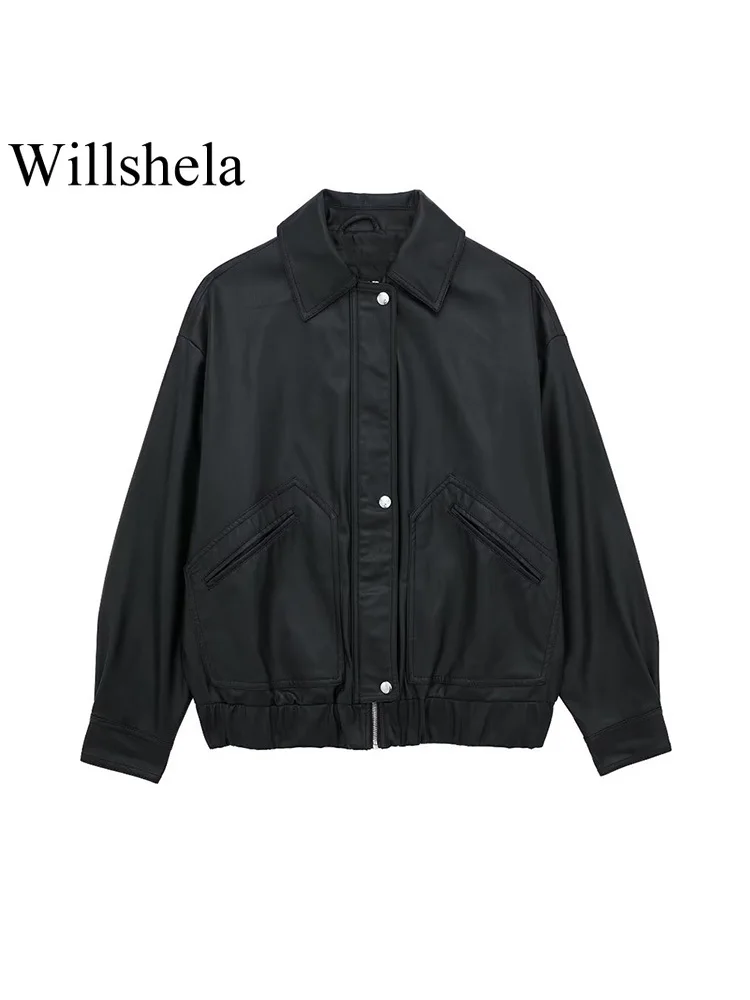 

Willshela Women Fashion PU Black Front Zipper Bomber Jackets Vintage Lapel Neck Long Sleeves Female Chic Lady Outfits