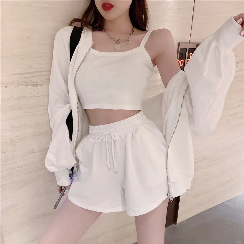 3pcs Pj Sets for Women Fashion Vest Lingerie Long Sleeve Zipper Hooded Lace-up Shorts Women's Pijamad De Mujer Cotton Pajamas