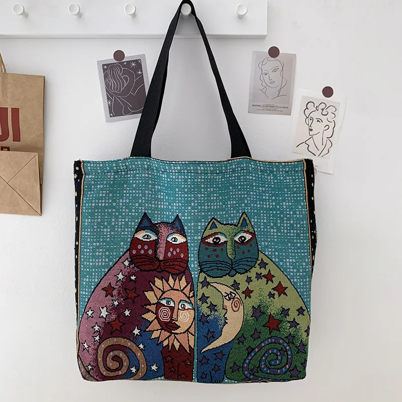 

Women Canvas Shoulder Bag Indian Print Ladies Animal Cat Handbag Tote Bag Women Shopping Travel Bookbag Girl Large Capacity Bags