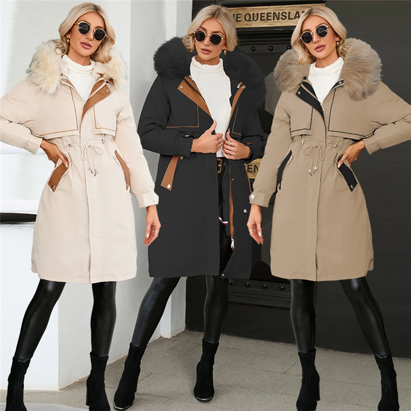 

2022 Winter Fashion New Medium Long Fur Collar Hooded Long Sleeve Thicken Keep Warm Pike Cotton-Padded Clothes Coat Female Tide