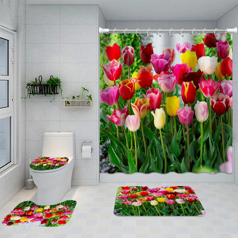 

Blooming Flowers Shower Curtain Sets with Rugs Bathroom Decor Bath Rug and Mats with Hooks Toilet Seat Cover