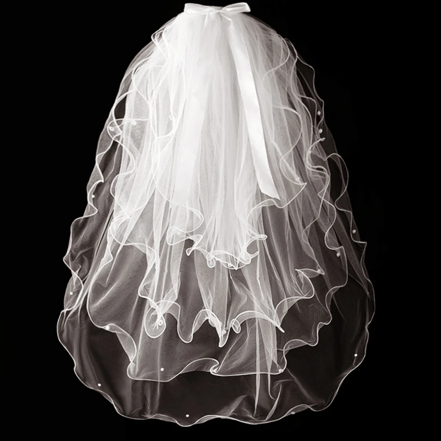 

New Arrival White Ivory Bridal Veils Bow with pearl veil Bride Wedding accessories Velos de novia Wedding veils Voile de mariée
