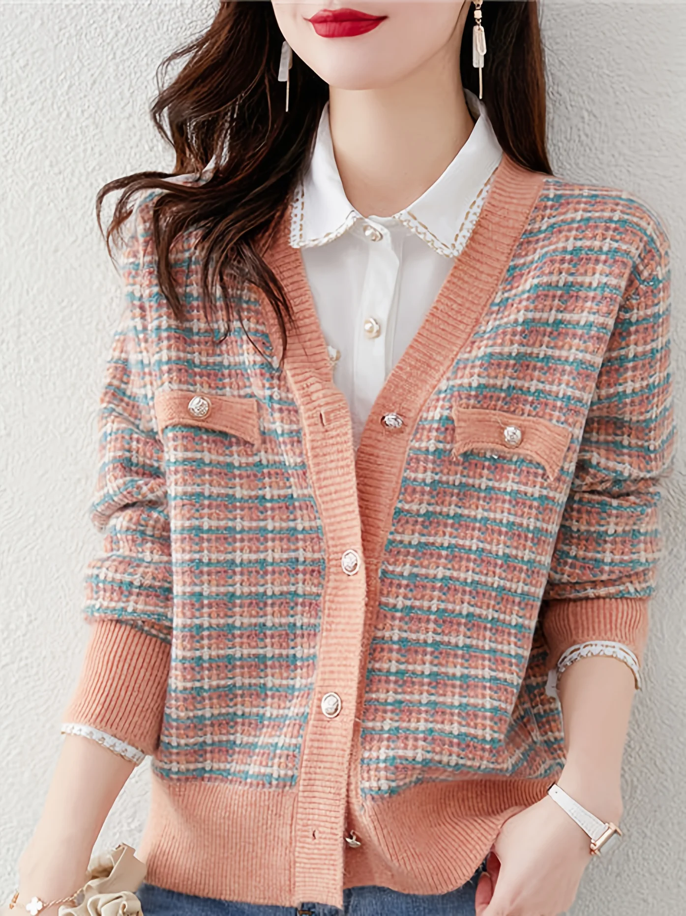

Women's Knit Cardigan, Pink Check Panel V-neck Knit Cardigan, Women's Sweaters,Cardigans Elegant Tops Knitted Cardigan