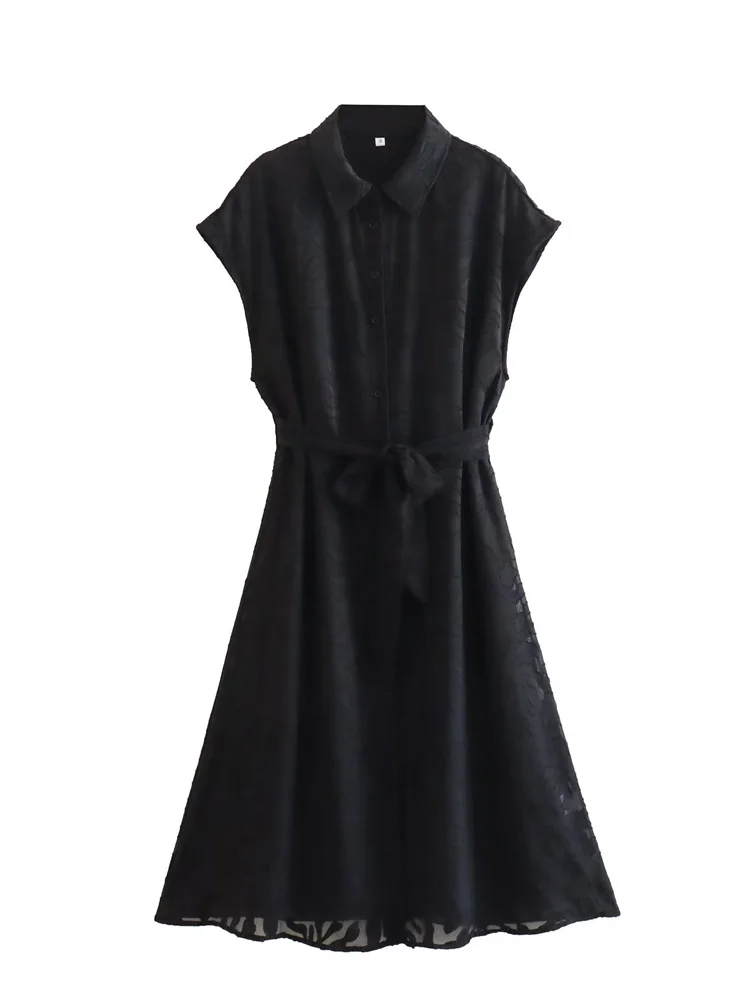 

MESTTRAF женское 2023 модное Y2K черное с поясом миди платье винтажное с коротким рукавом и пуговицами спереди женские платья Vestidos