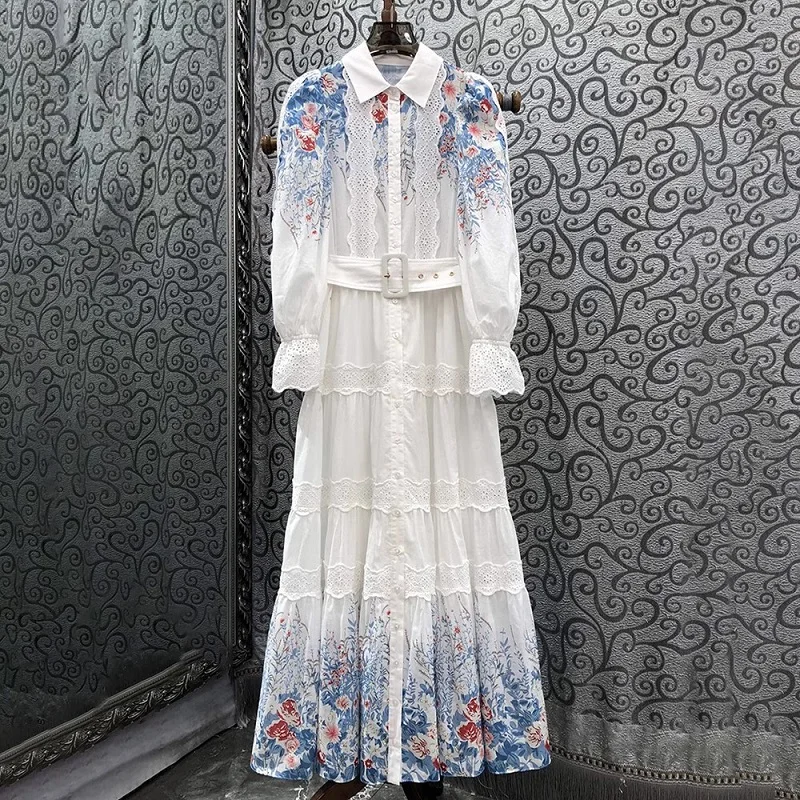 

Женское длинное платье из 100% хлопка, Осеннее стильное платье макси с отложным воротником и синим цветочным принтом, кружевное платье с вышивкой и длинным рукавом